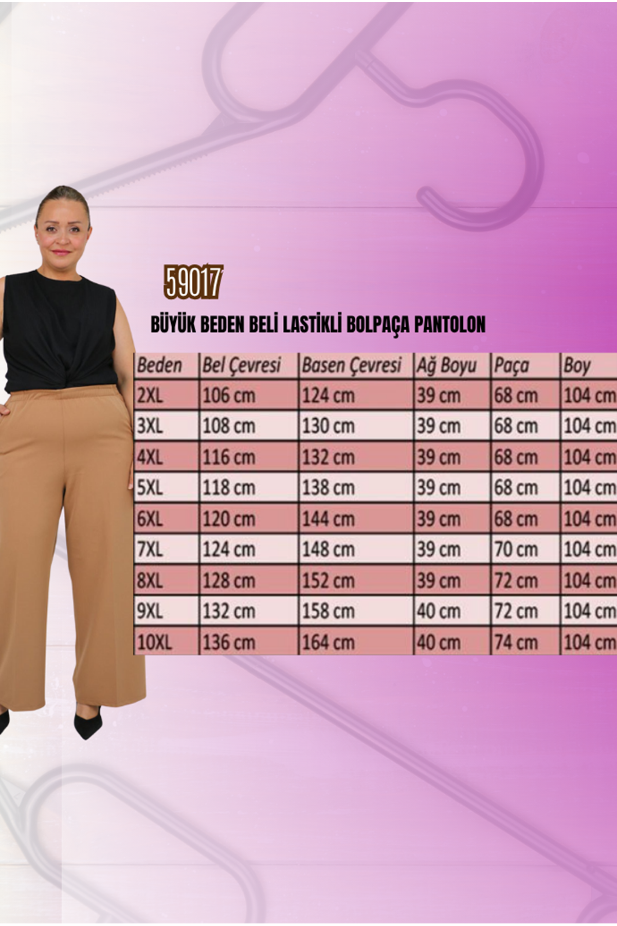 59017 Büyük Beden Beli Lastikli Bolpaça Pantolon - Ekru