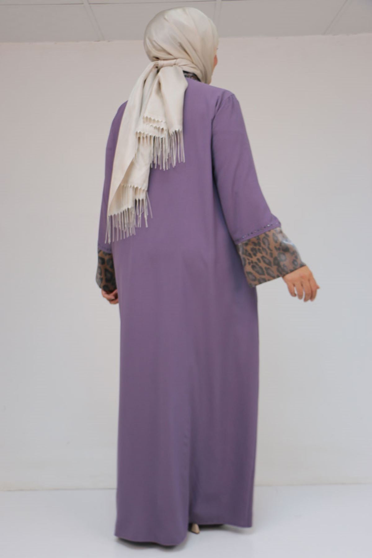 56005 Büyük Beden Kol Garnili Etamin Abaya Ferace - Lila