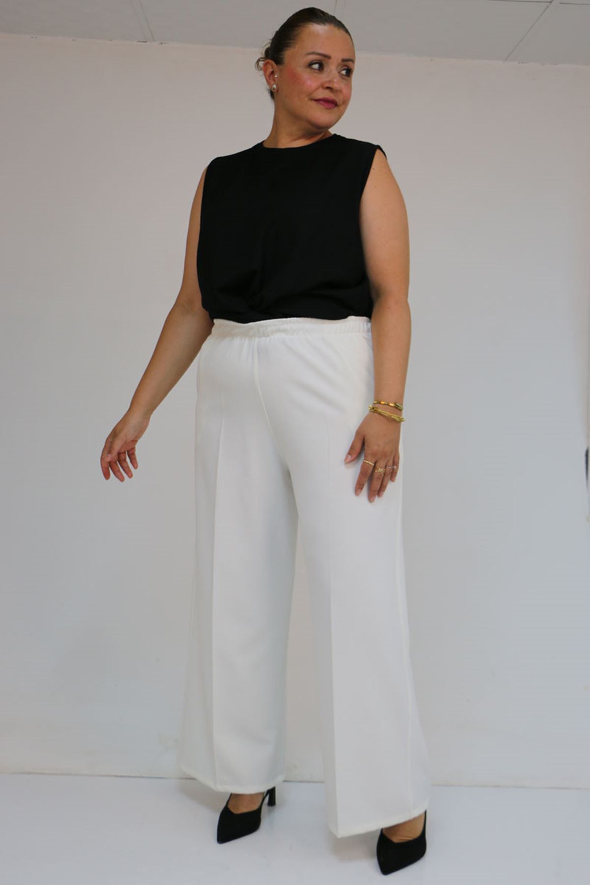 59017 Büyük Beden Beli Lastikli Bolpaça Pantolon - Ekru