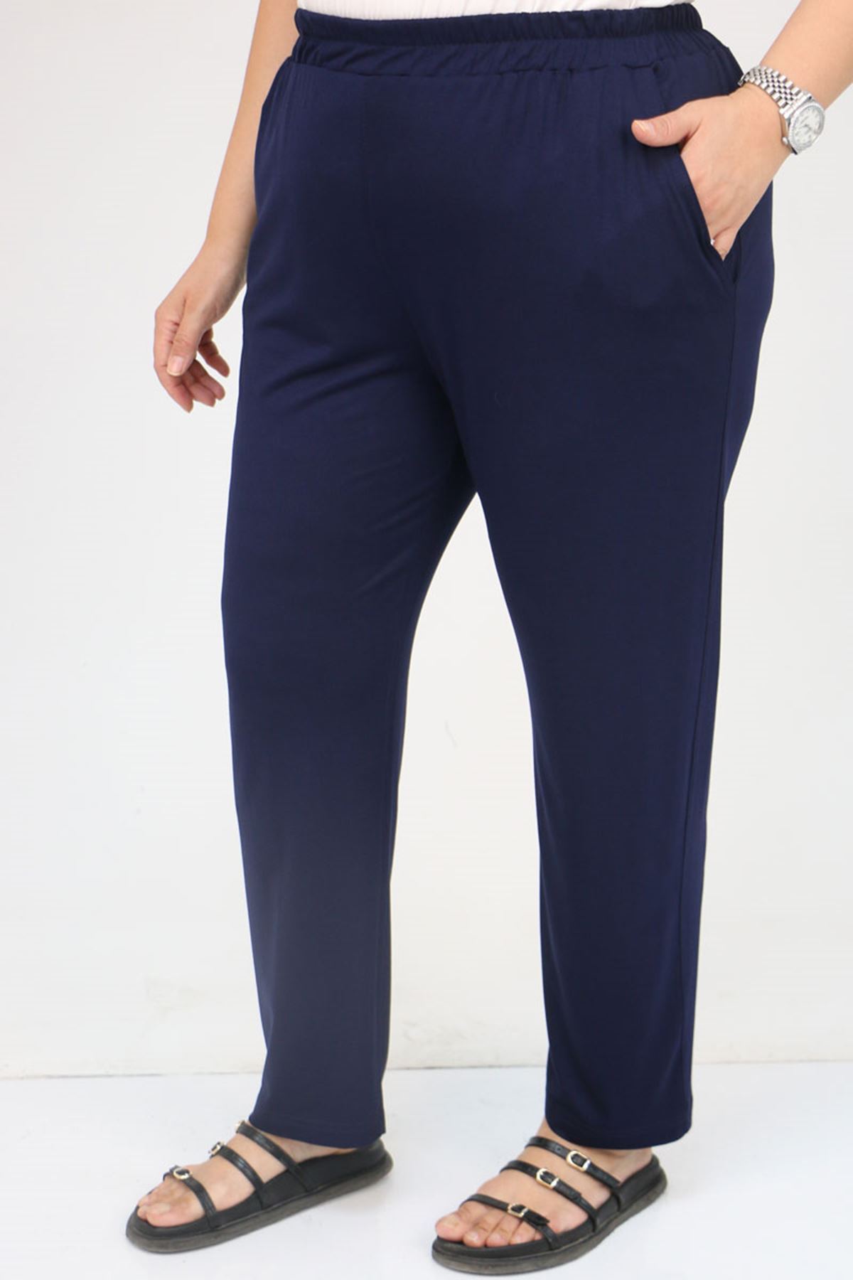 39001 Büyük Beden Yüksek Beli Lastikli Penye Pantolon - Koyu Lacivert