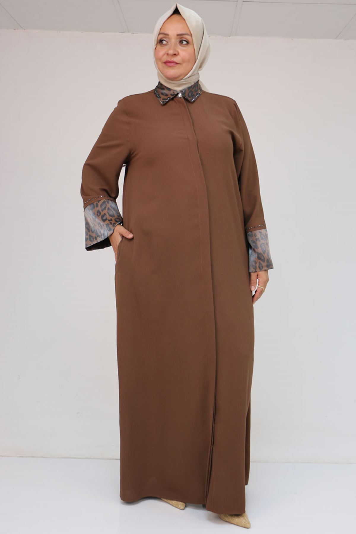 56005 Büyük Beden Kol Garnili Etamin Abaya Ferace - Kahve
