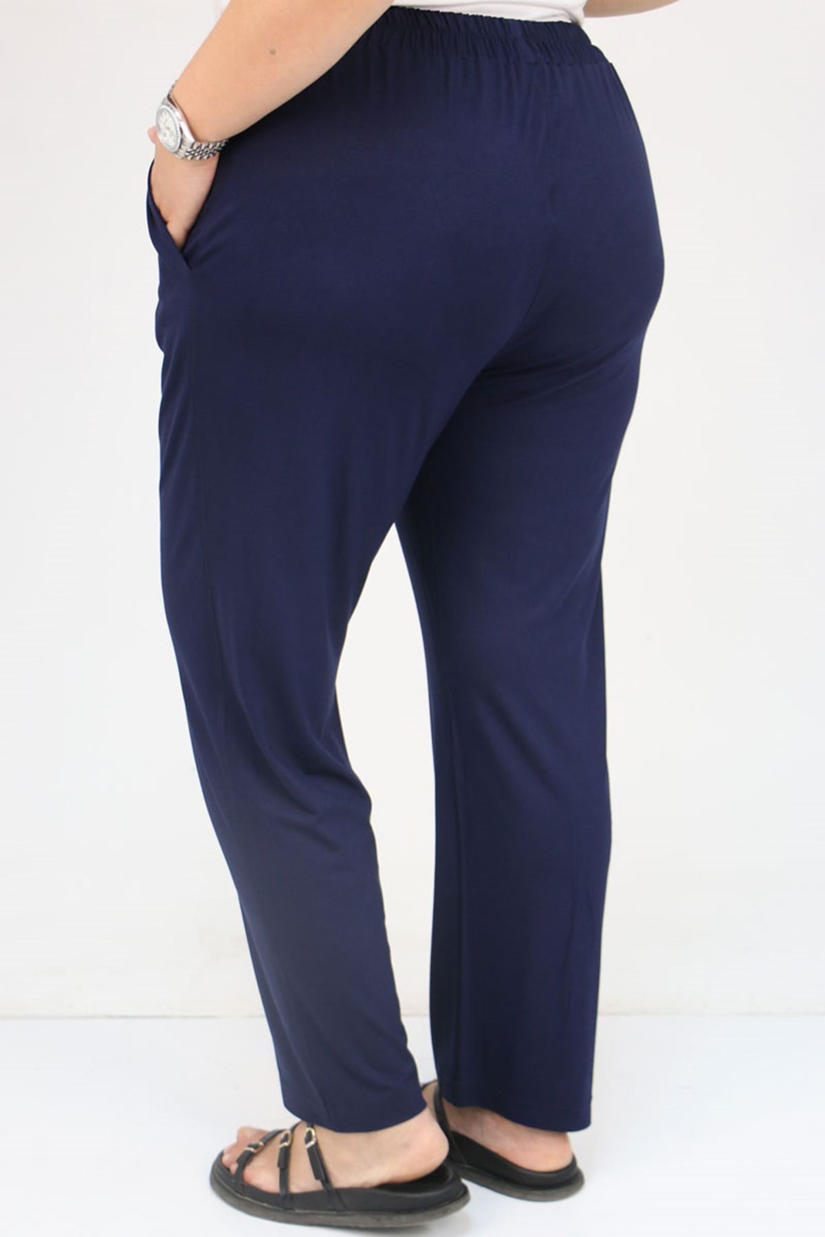 39001 Büyük Beden Yüksek Beli Lastikli Penye Pantolon - Koyu Lacivert
