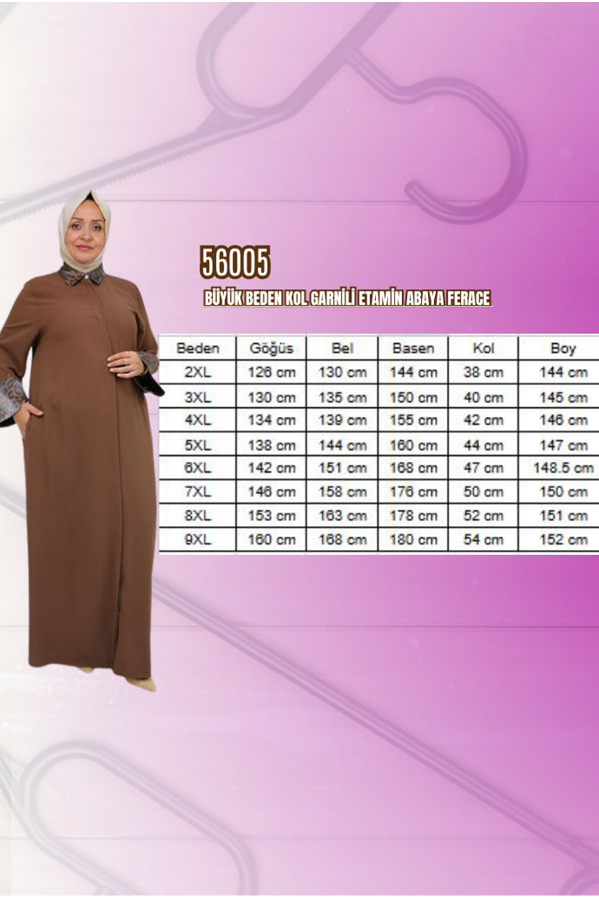 56005 Büyük Beden Kol Garnili Etamin Abaya Ferace - Kahve