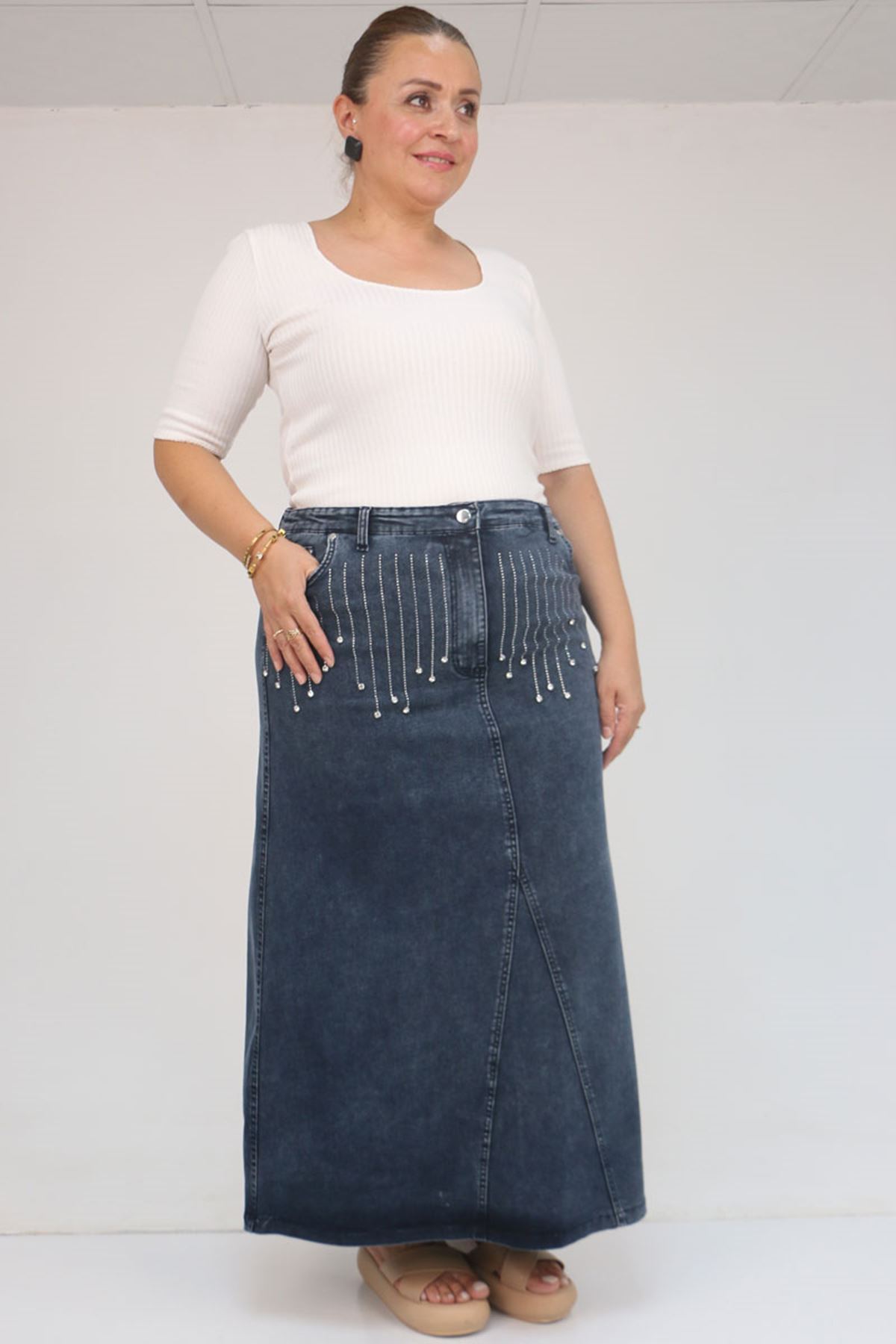 45010 Büyük Beden Parçalı Model Kot Etek - Koyu  Lacivert