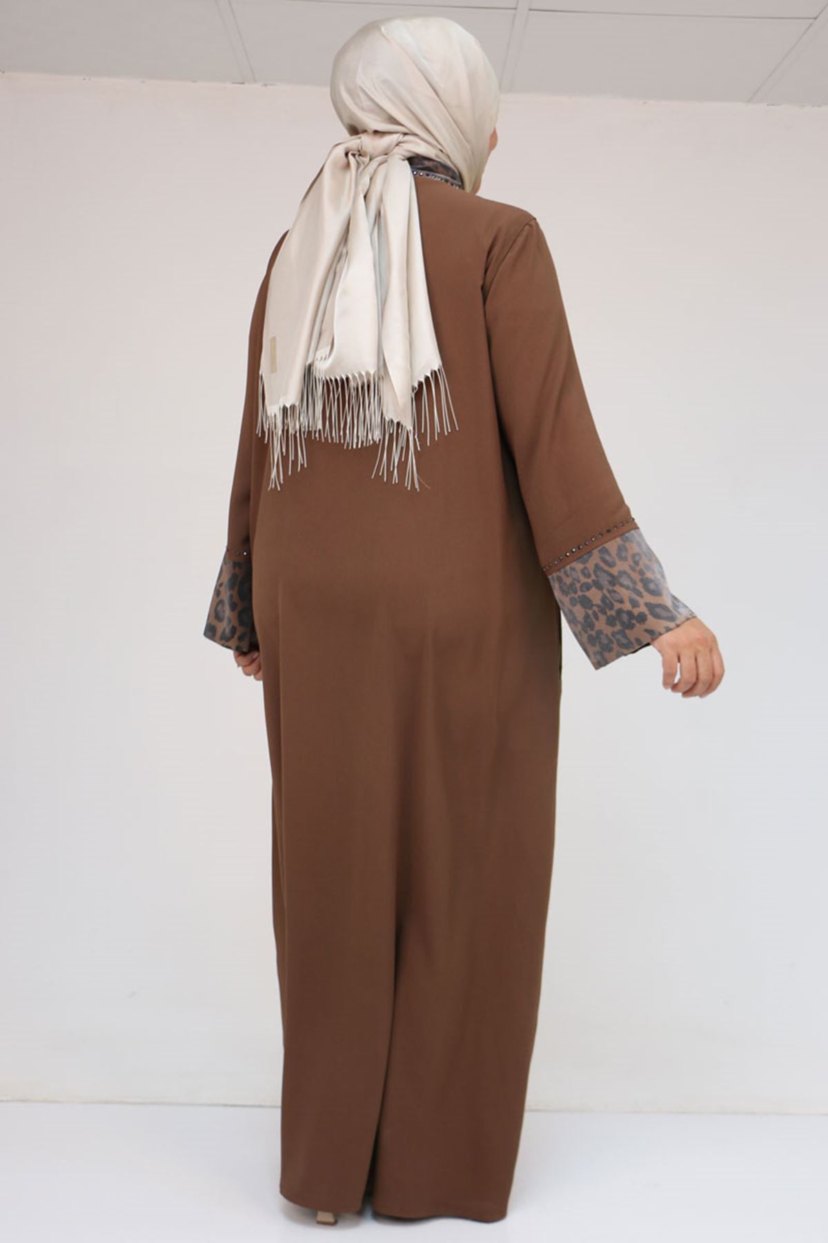 56005 Büyük Beden Kol Garnili Etamin Abaya Ferace - Kahve