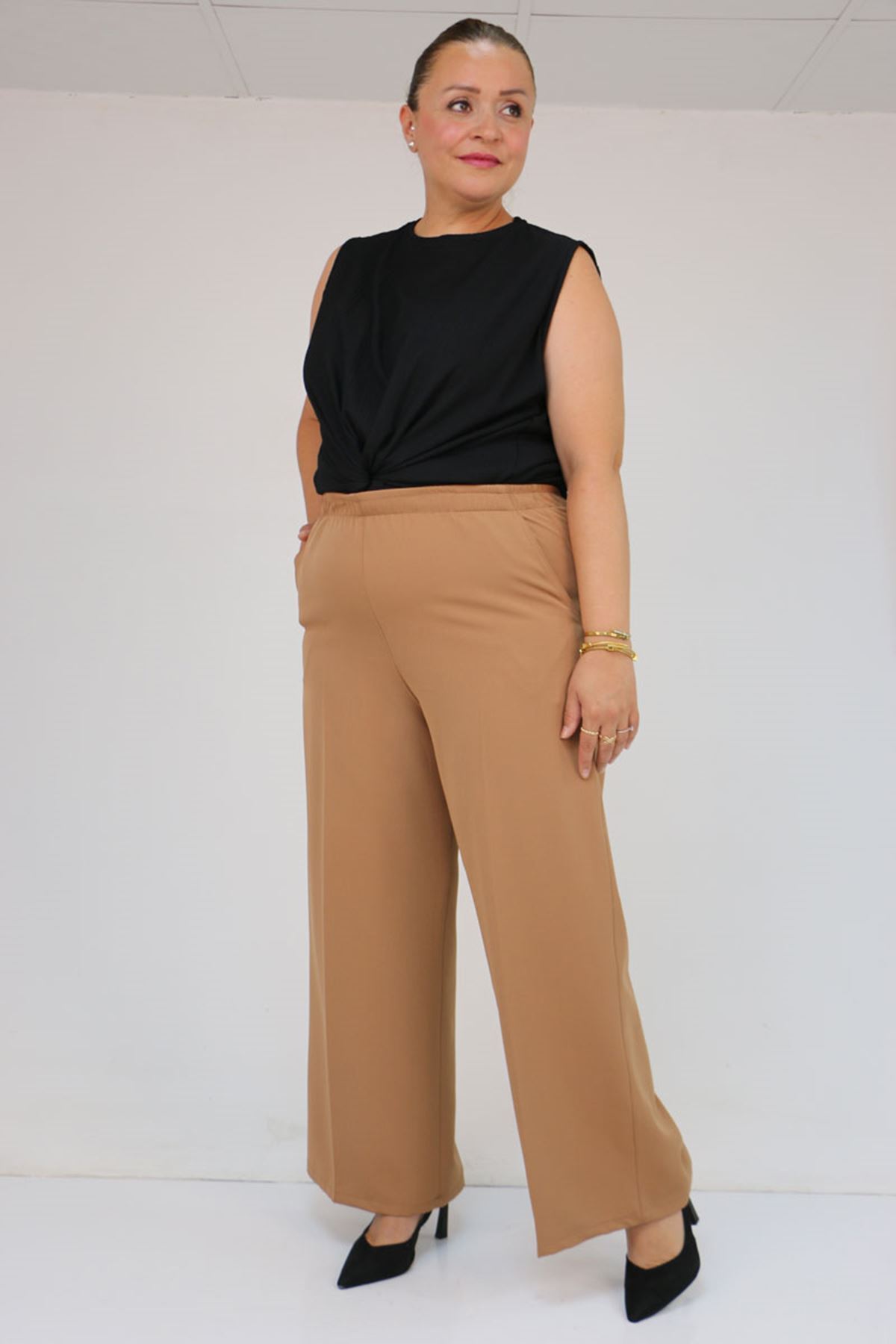 59017 Büyük Beden Beli Lastikli Bolpaça Pantolon - Vizon