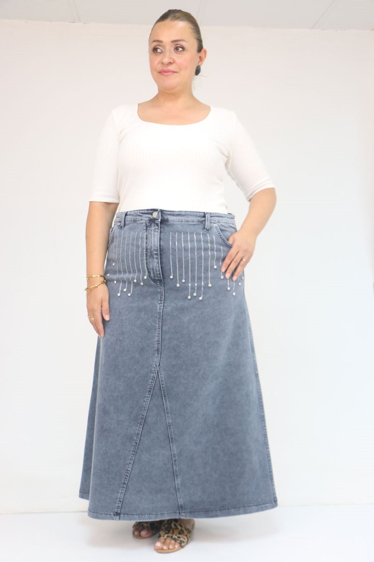 45010 Büyük Beden Parçalı Model Kot Etek - Kar Yıkama Mavi