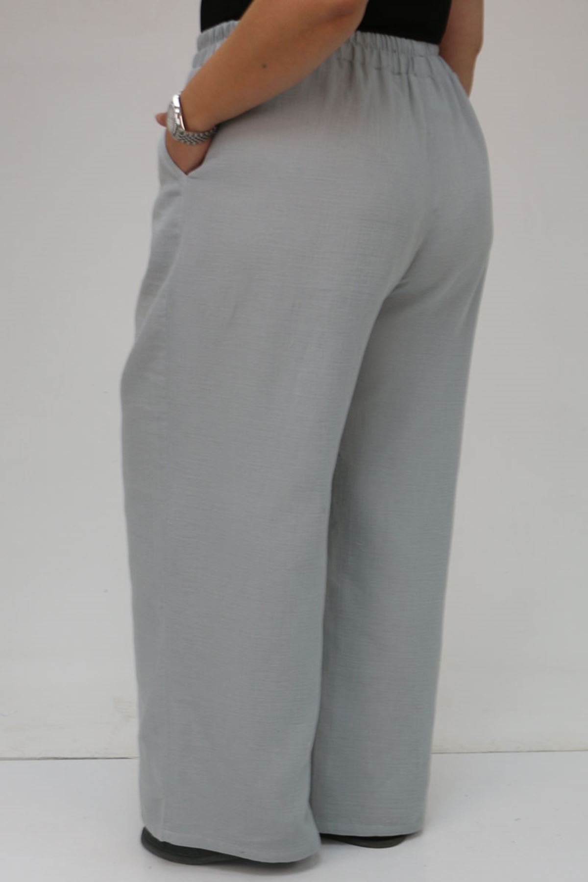 59021 Büyük Beden Beli Lastikli Müslin Bol Paça Pantolon - Gri