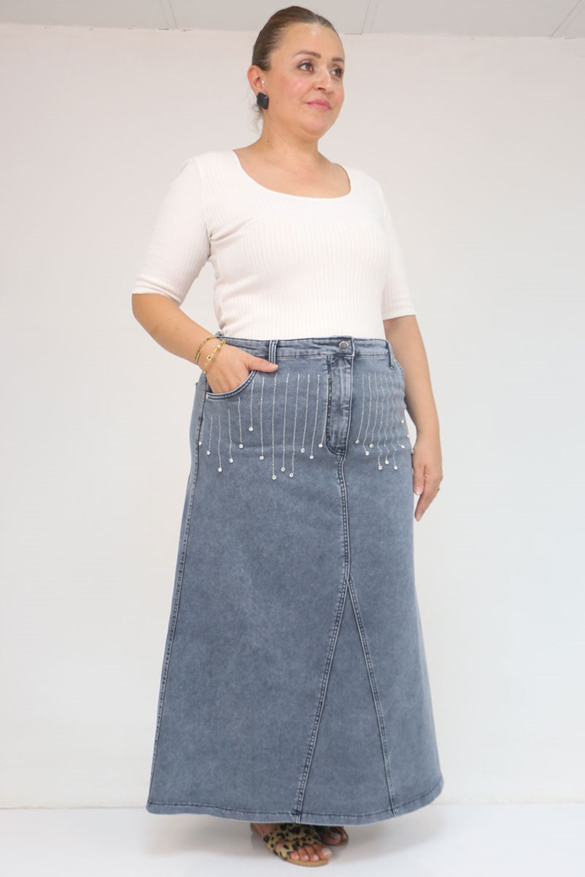 45010 Büyük Beden Parçalı Model Kot Etek - Kar Yıkama Mavi