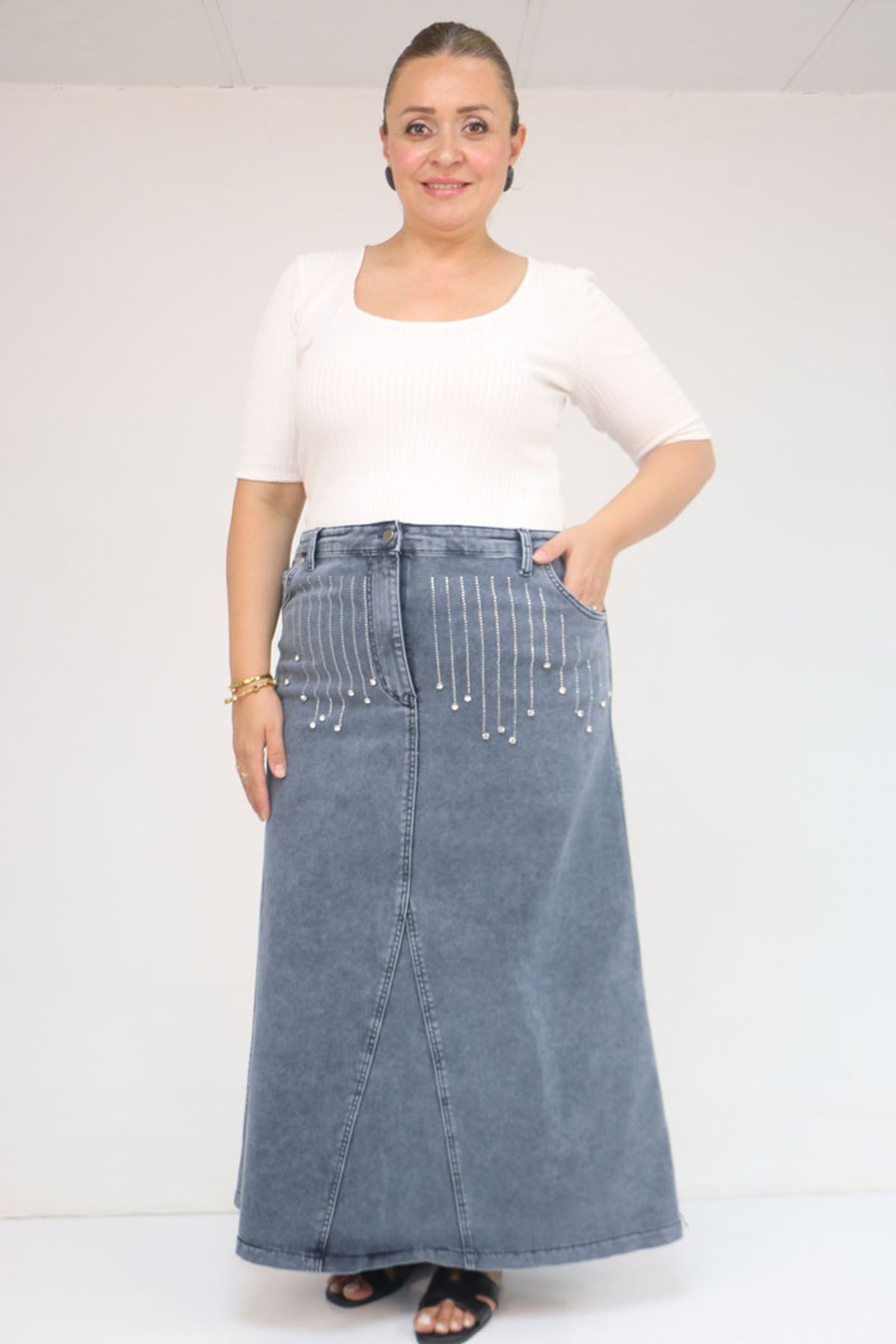 45010 Büyük Beden Parçalı Model Kot Etek - Mavi