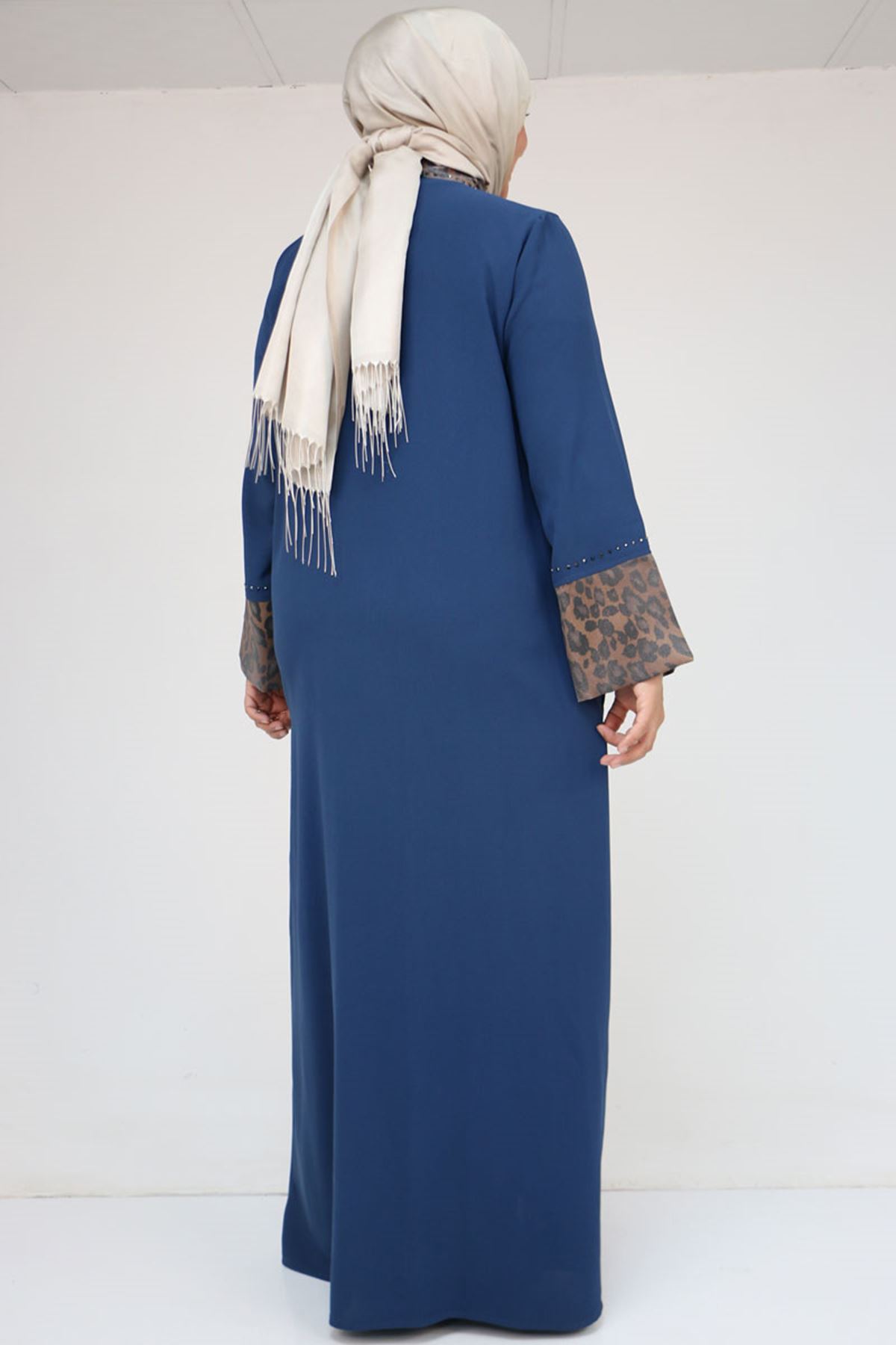 56005 Büyük Beden Kol Garnili Etamin Abaya Ferace - Petrol