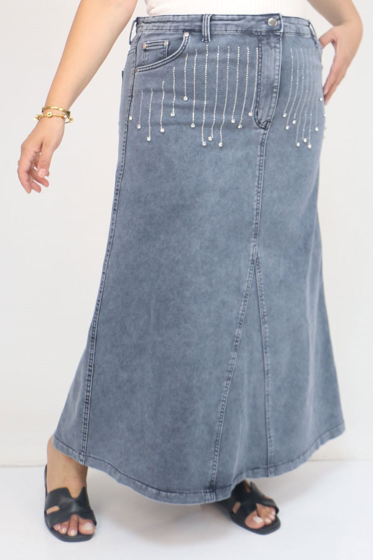 45010 Büyük Beden Parçalı Model Kot Etek - Mavi