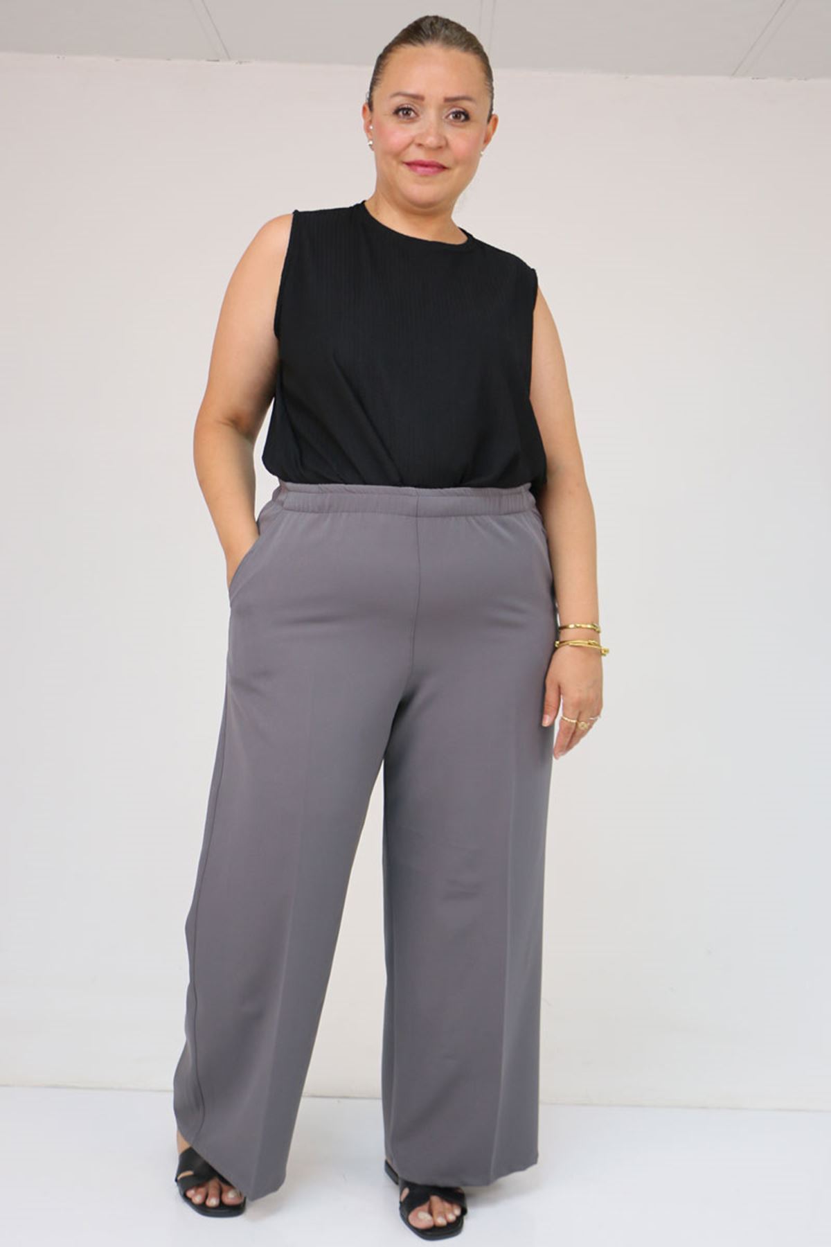 59017 Büyük Beden Beli Lastikli Bolpaça Pantolon - Gri