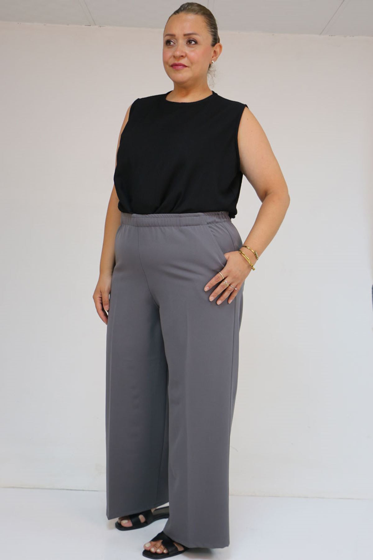 59017 Büyük Beden Beli Lastikli Bolpaça Pantolon - Gri