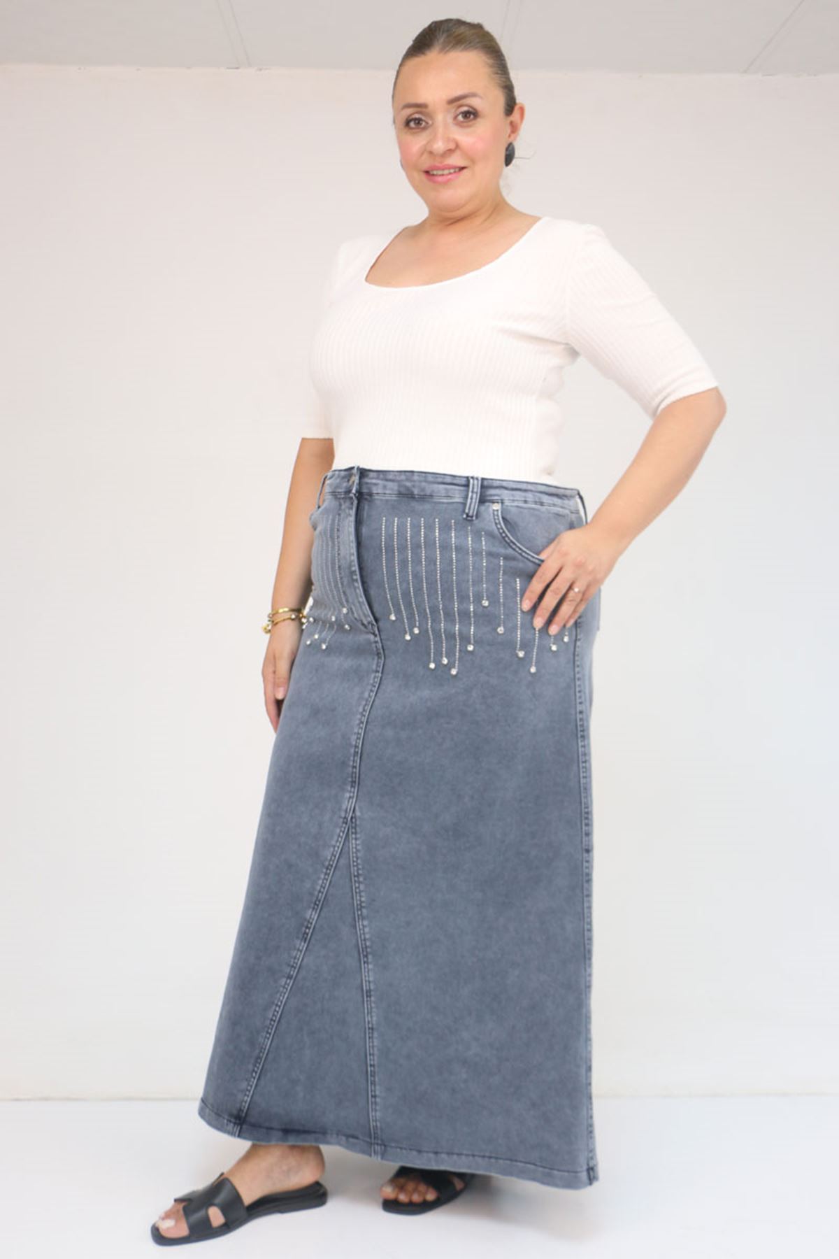 45010 Büyük Beden Parçalı Model Kot Etek - Mavi