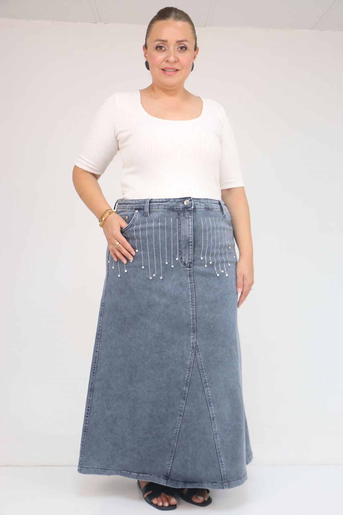 45010 Büyük Beden Parçalı Model Kot Etek - Mavi