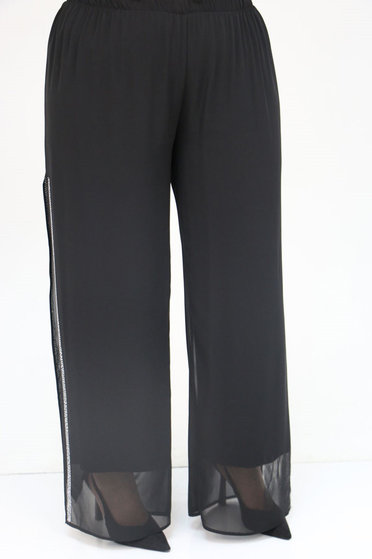 47064 Büyük Beden Taş Baskı Detaylı Sandy Şifon Pantolonlu Takım - Siyah