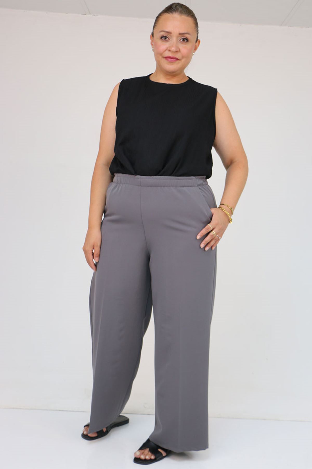 59017 Büyük Beden Beli Lastikli Bolpaça Pantolon - Gri
