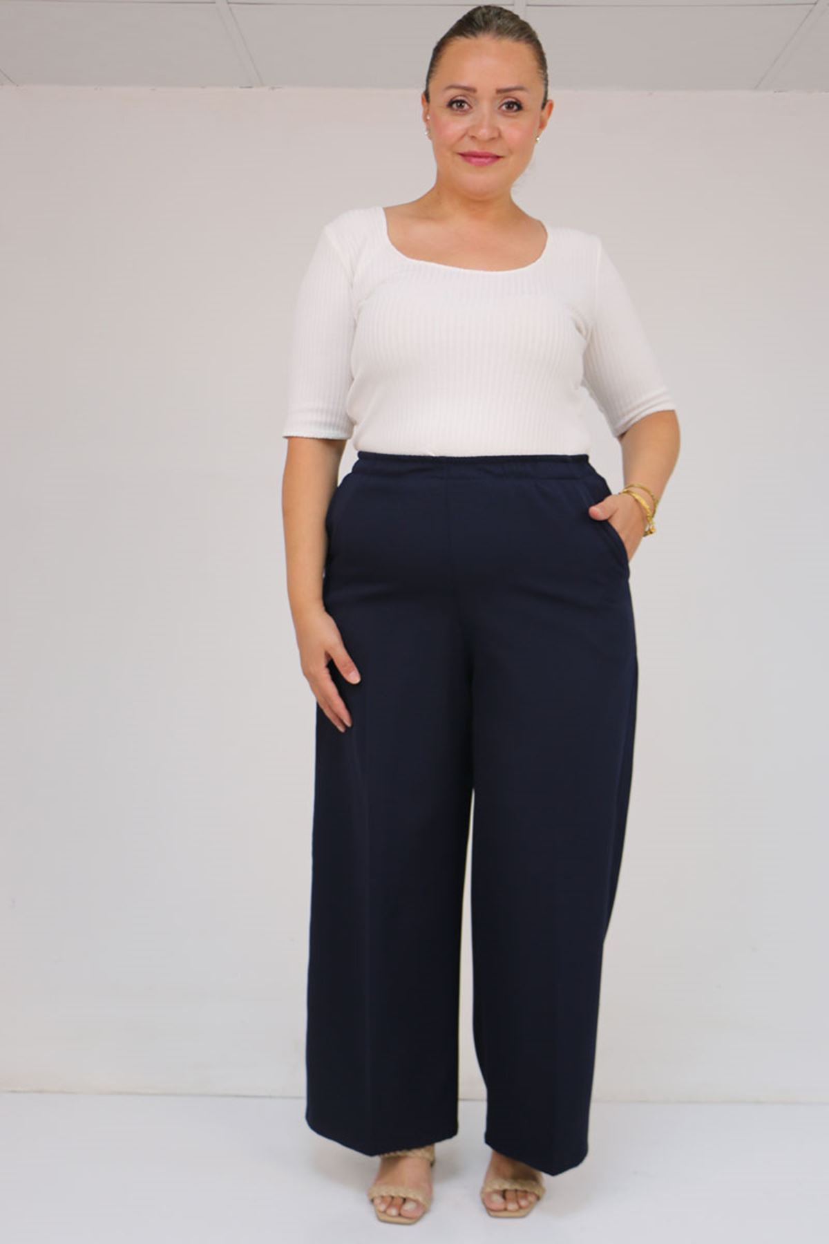 59017 Büyük Beden Beli Lastikli Bolpaça Pantolon - Lacivert