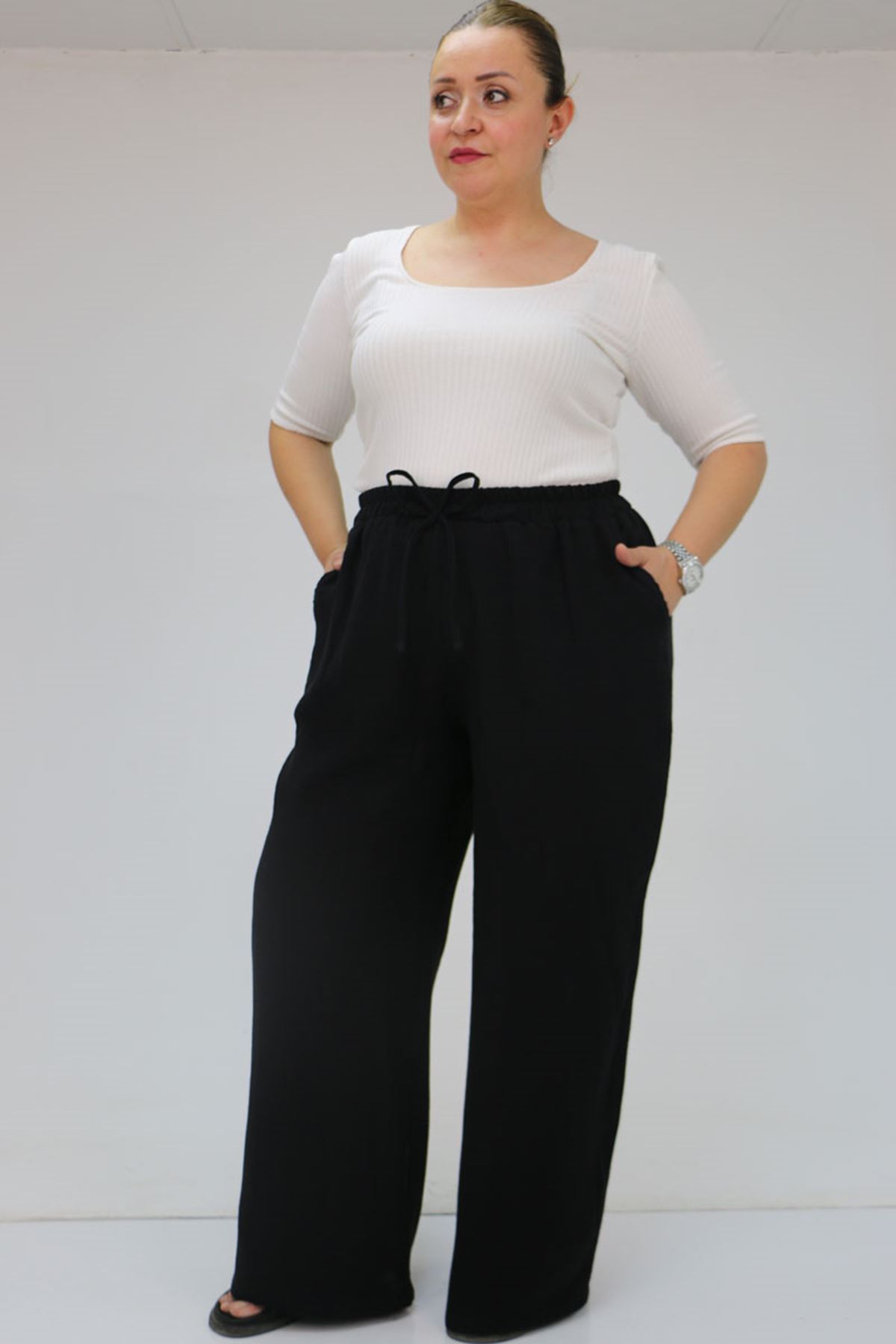59021 Büyük Beden Beli Lastikli Müslin Bol Paça Pantolon - Siyah