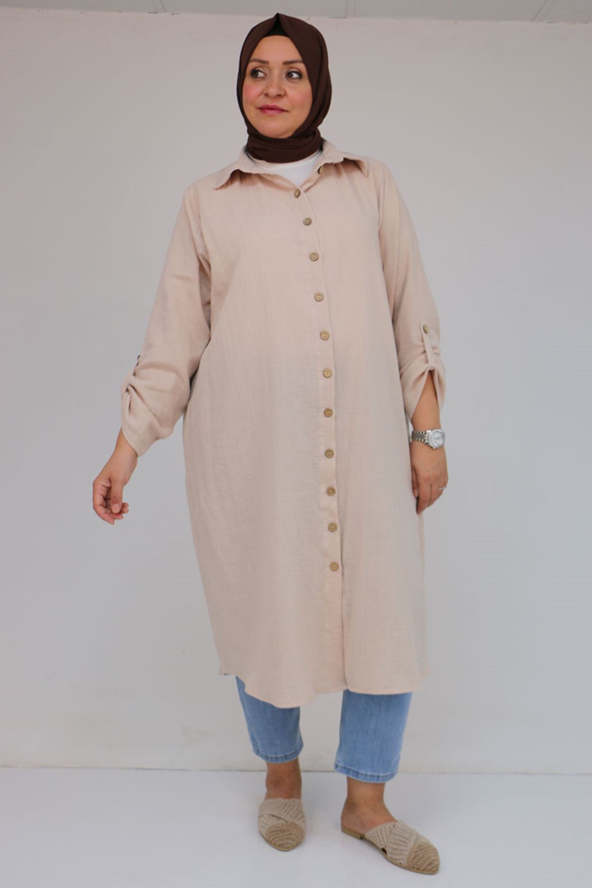 48058 Büyük Beden Düğmeli Müslin Gömlek - Bej