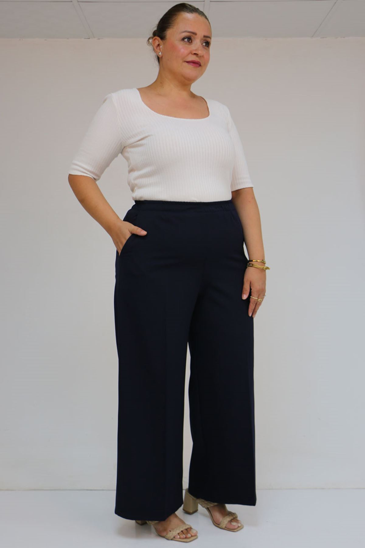 59017 Büyük Beden Beli Lastikli Bolpaça Pantolon - Lacivert