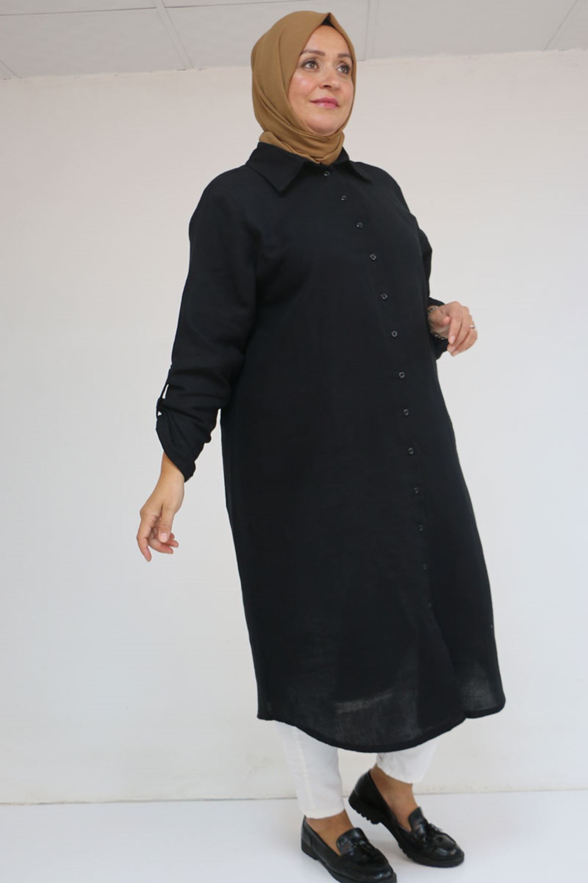 48058 Büyük Beden  Düğmeli Müslin Gömlek - Siyah