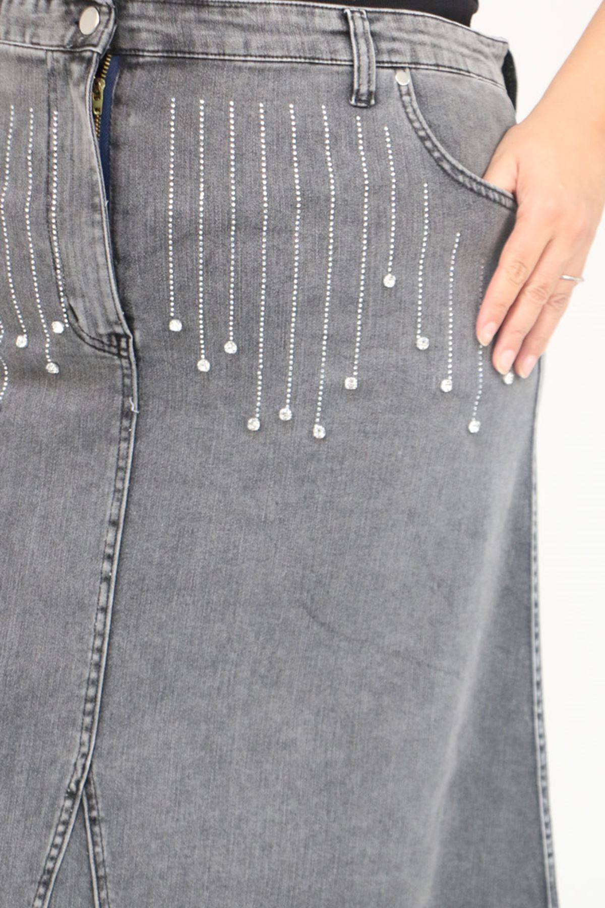 45010 Büyük Beden Parçalı Model Kot Etek - Siyah