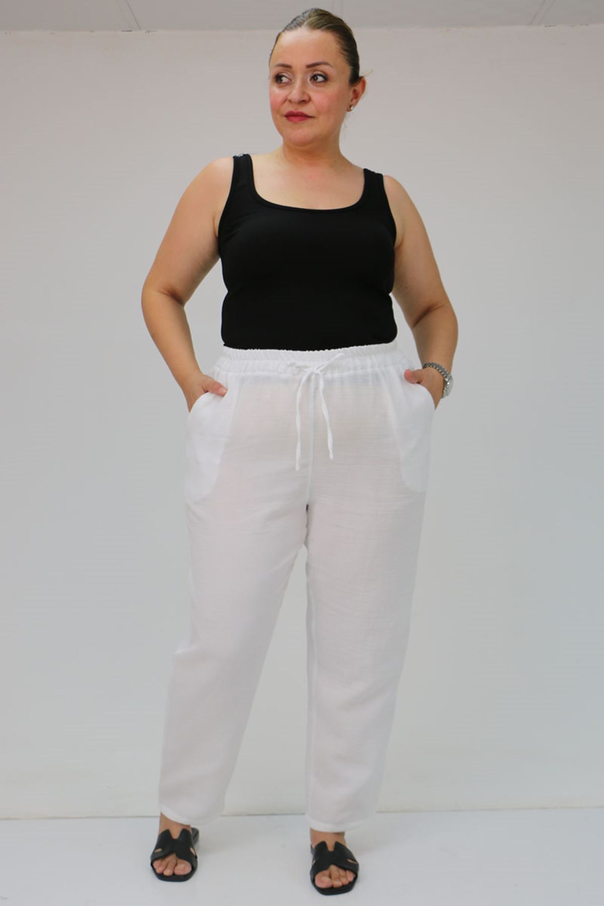 59020 Büyük Beden Beli Lastikli Müslin Dar Paça Pantolon - Beyaz