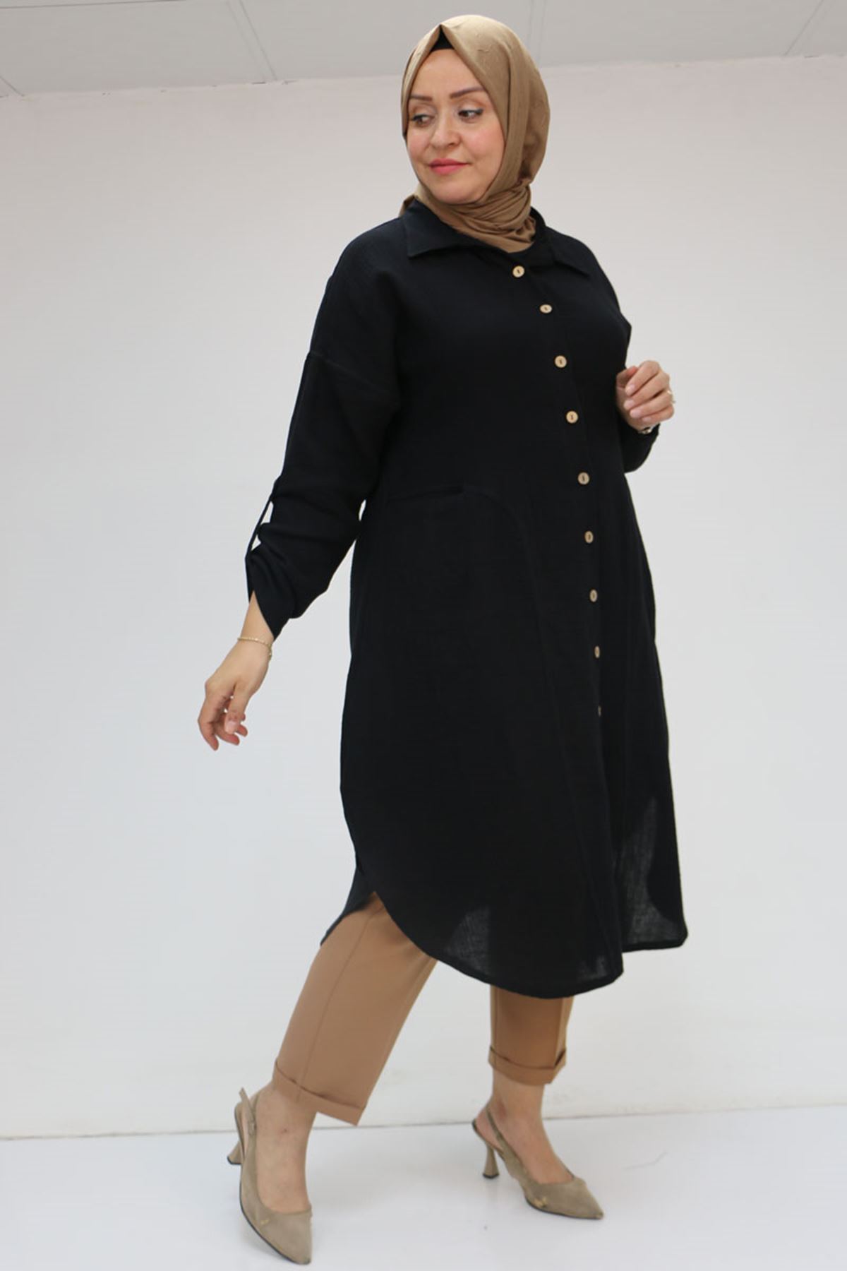 58071-1 Büyük Beden Önleri Torba Cepli Müslin Gömlek - Siyah