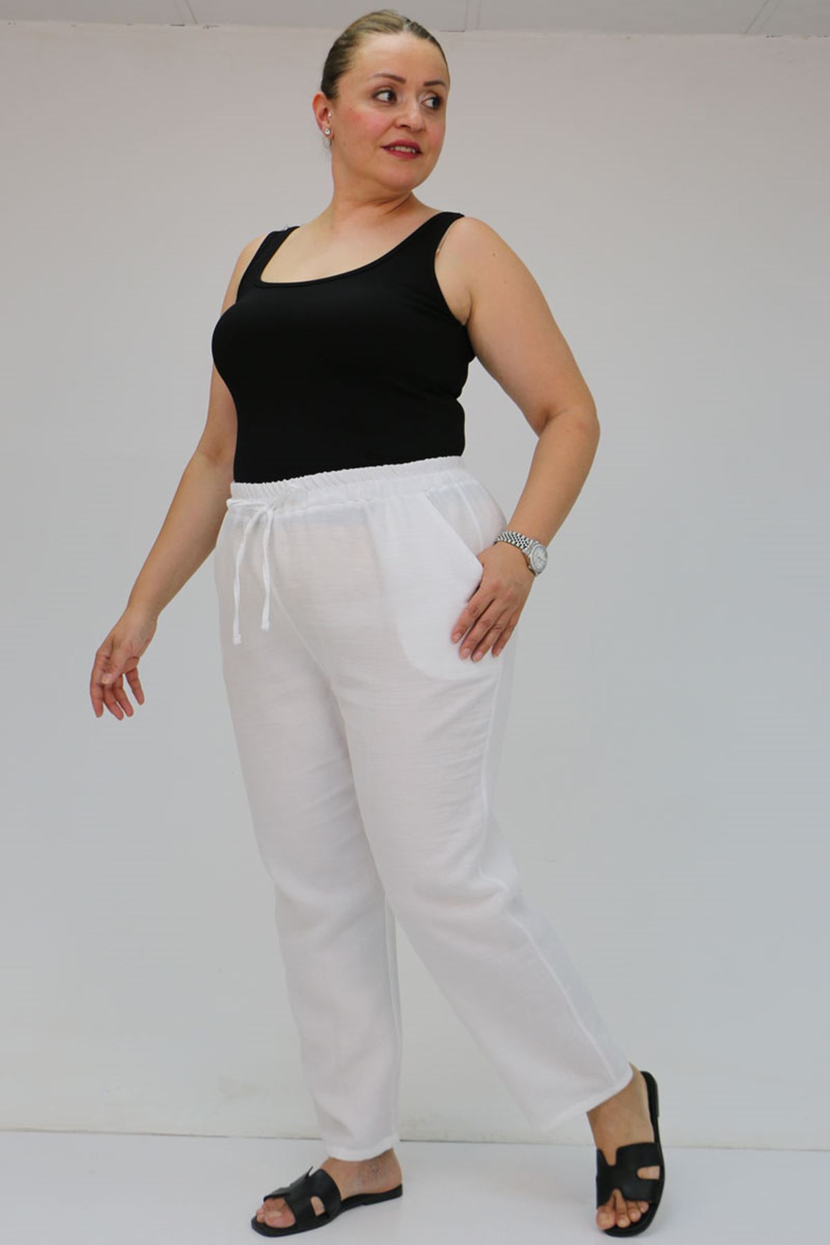 59020 Büyük Beden Beli Lastikli Müslin Dar Paça Pantolon - Beyaz