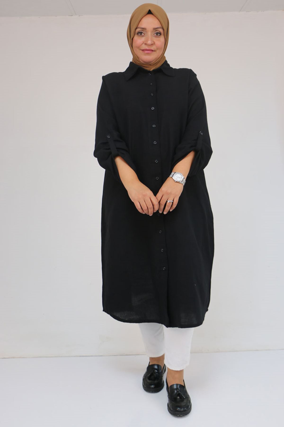 48058 Büyük Beden  Düğmeli Müslin Gömlek - Siyah