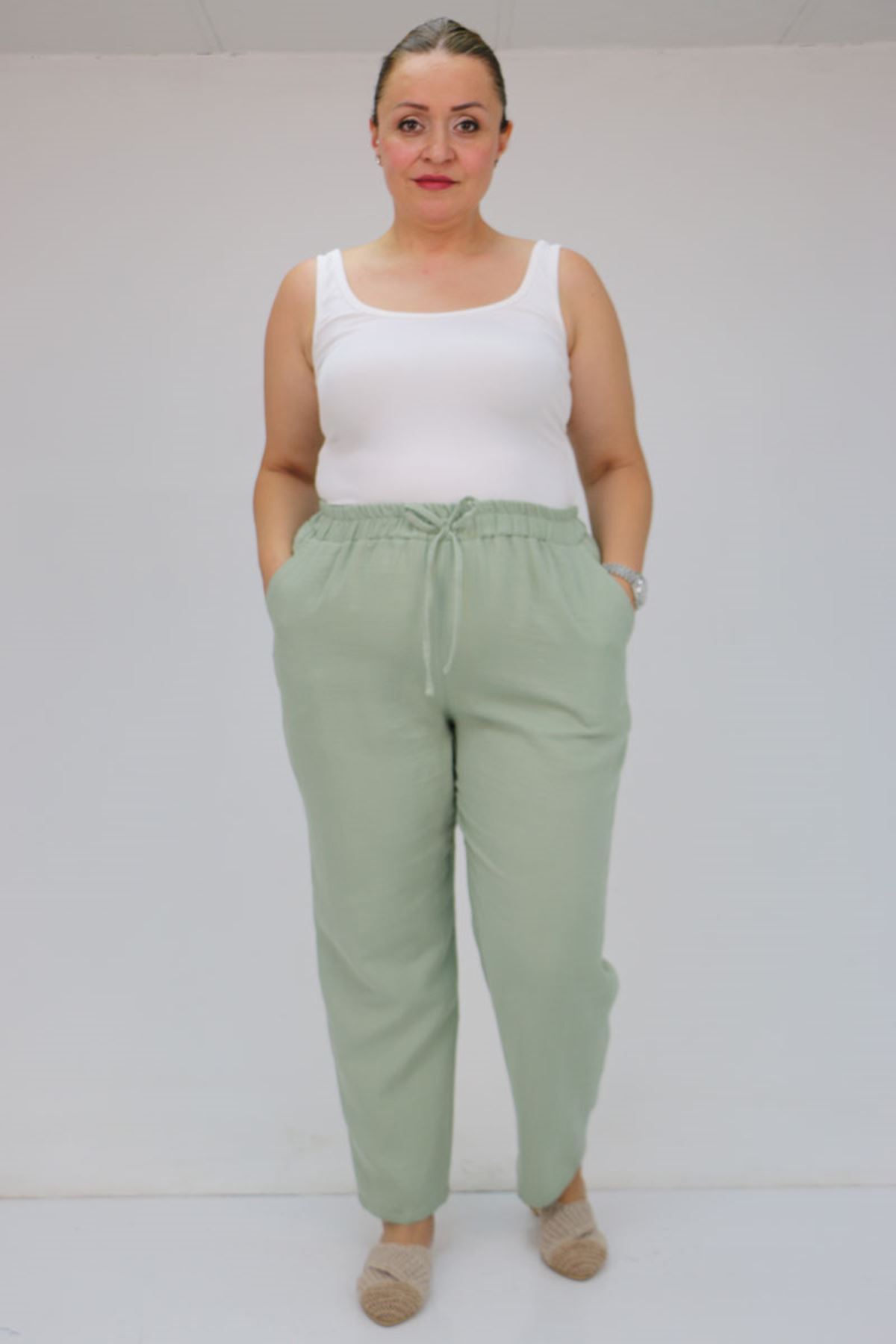 59020 Büyük Beden Beli Lastikli Müslin Dar Paça Pantolon - Nefti