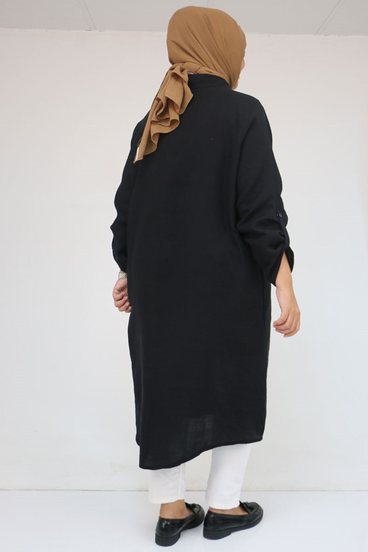 48058 Büyük Beden  Düğmeli Müslin Gömlek - Siyah