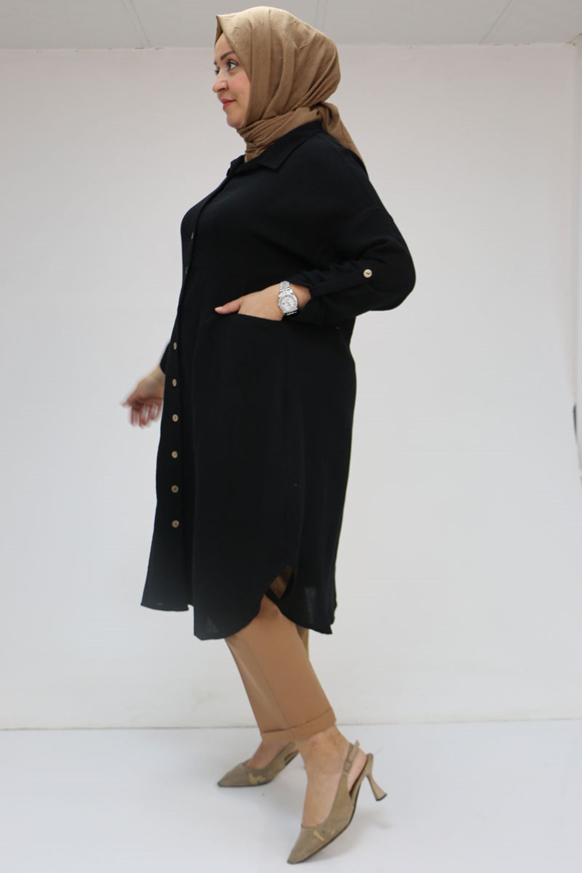 58071-1 Büyük Beden Önleri Torba Cepli Müslin Gömlek - Siyah