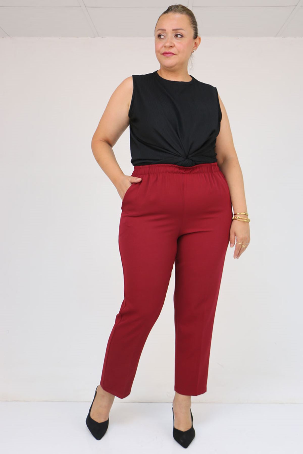 59018 Büyük Beden Boru Paça Double Kumaş Pantolon - Bordo