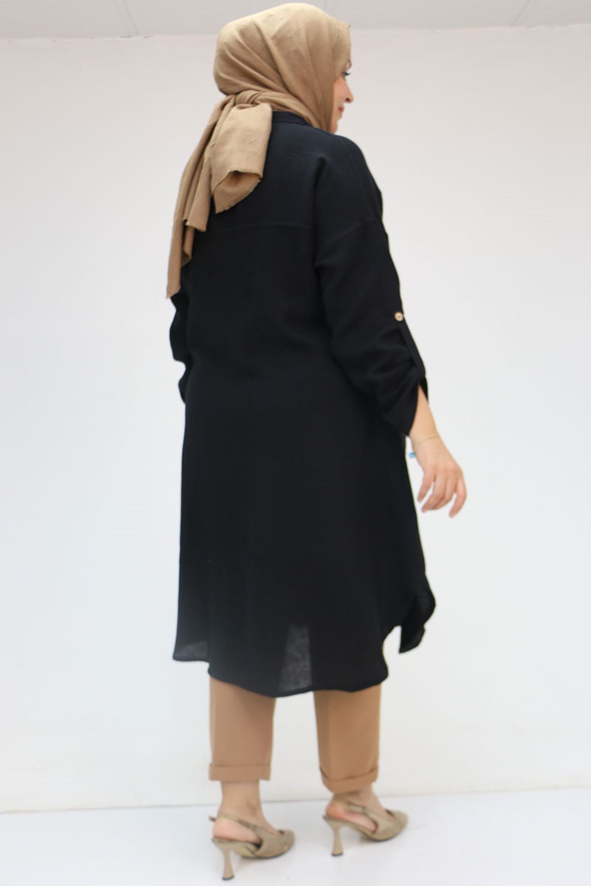 58071-1 Büyük Beden Önleri Torba Cepli Müslin Gömlek - Siyah