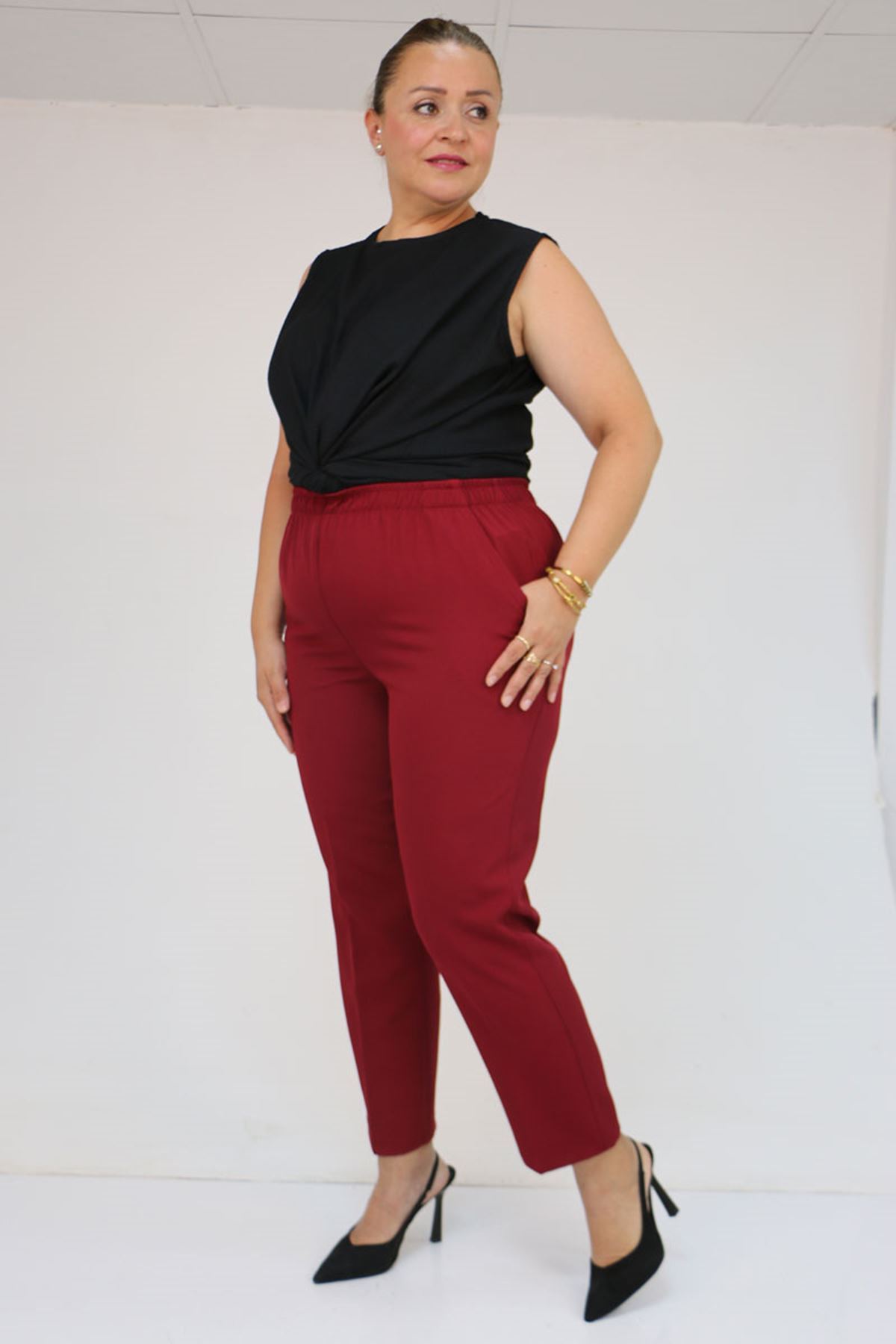 59018 Büyük Beden Boru Paça Double Kumaş Pantolon - Bordo