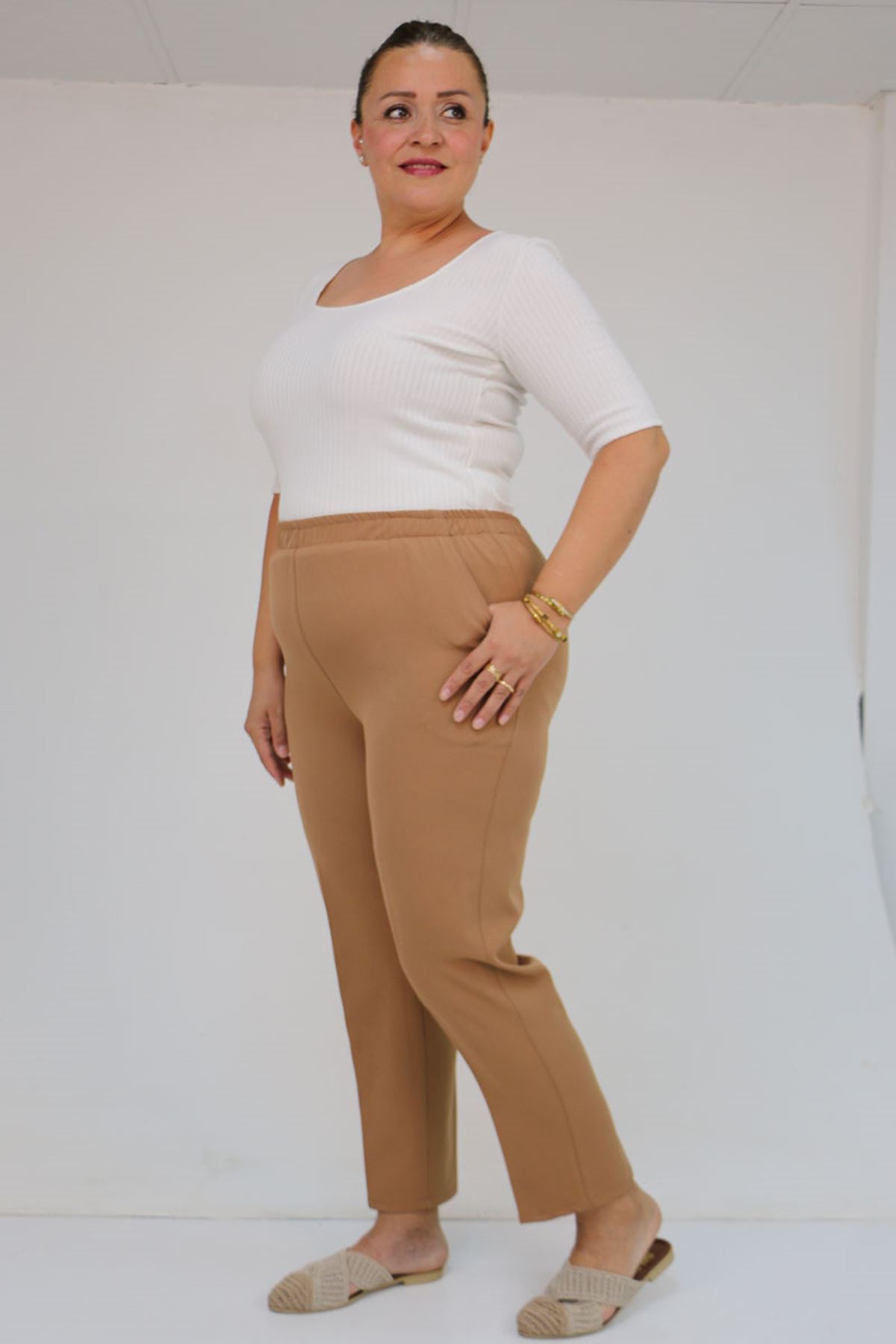 59018 Büyük Beden Boru Paça Double Kumaş Pantolon - Vizon