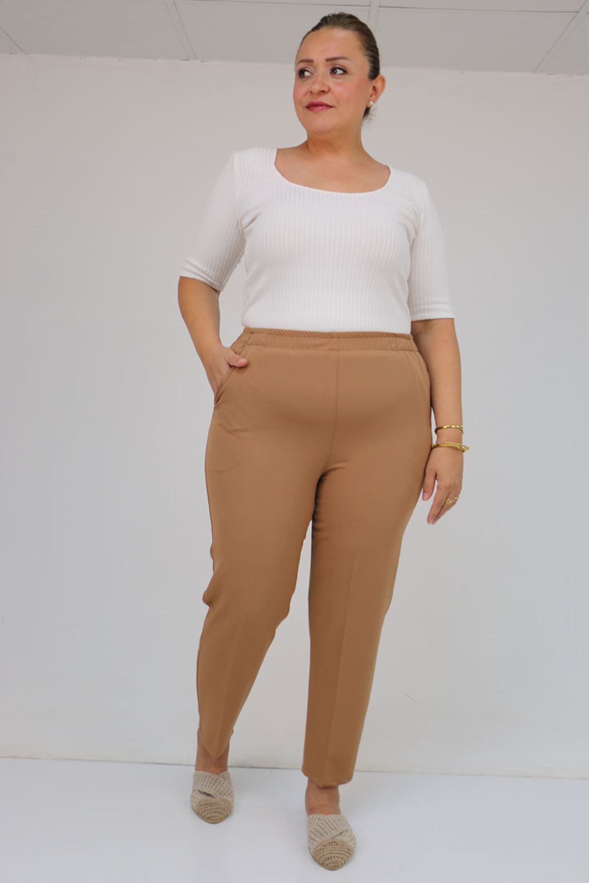 59018 Büyük Beden Boru Paça Double Kumaş Pantolon - Vizon