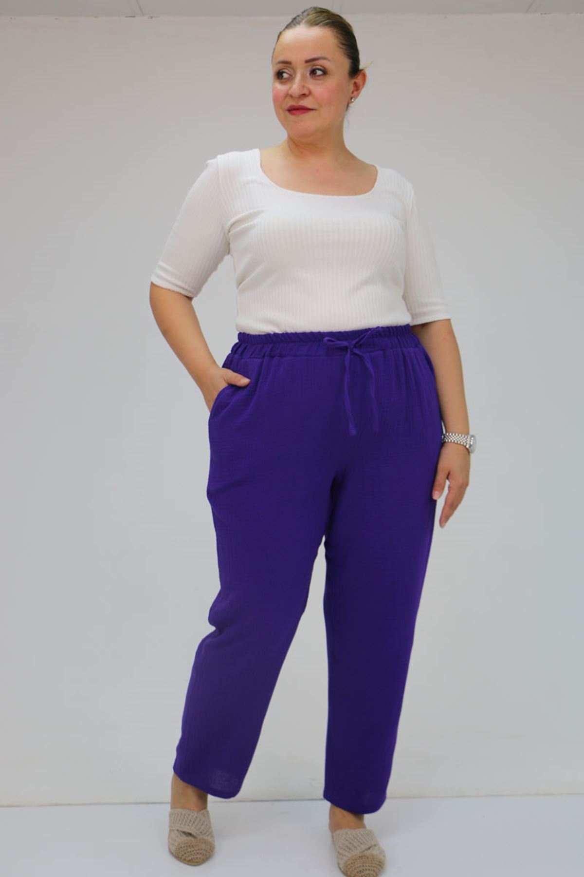 59020 Büyük Beden Beli Lastikli Müslin Dar Paça Pantolon - Mor