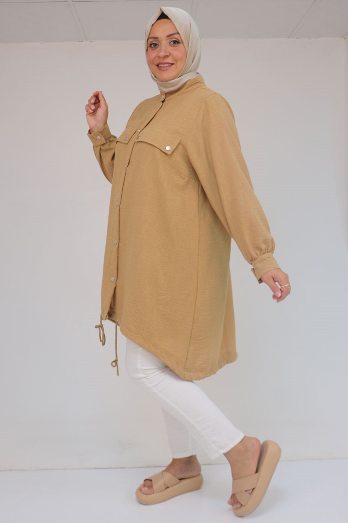 53013 Büyük Beden Dik Yakalı Manşetli Keten Kap - Hardal