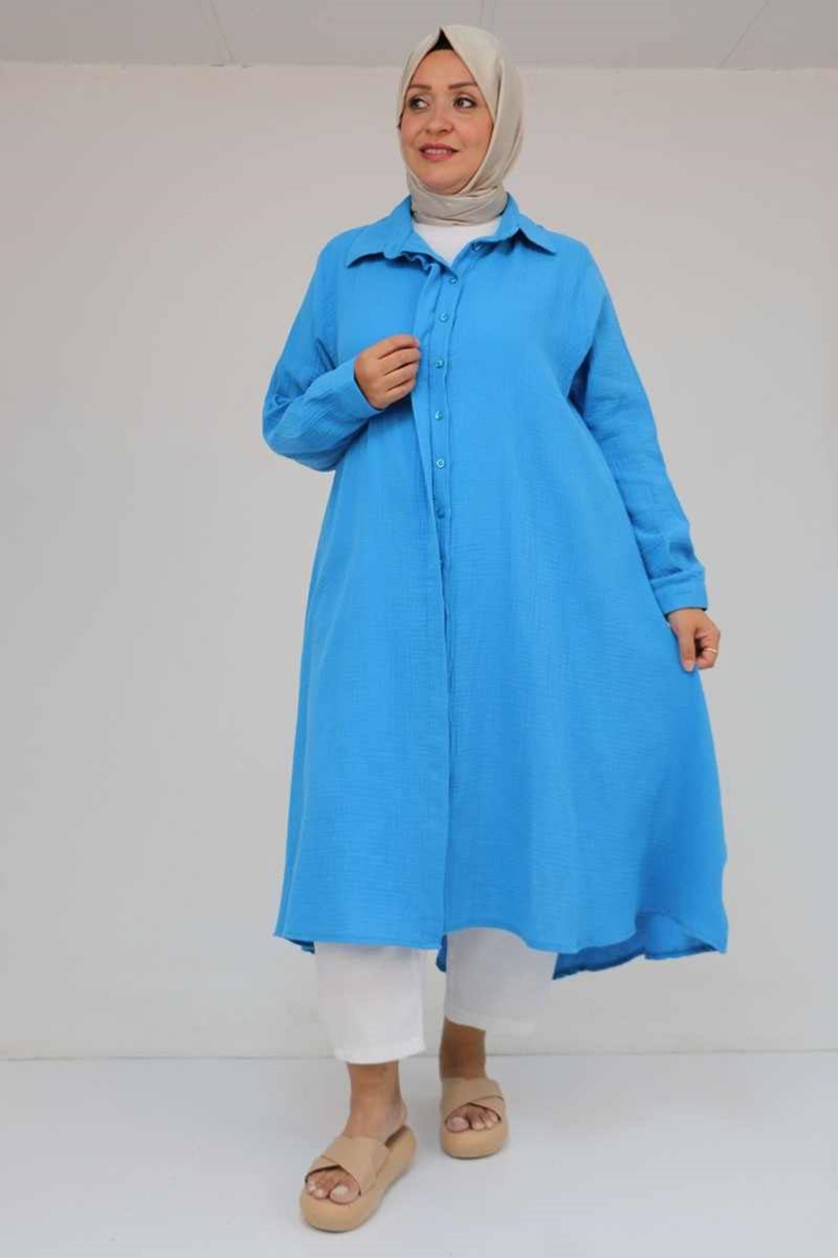 58093 Büyük Beden Mevlana Kesim Müslin Gömlek - Mavi