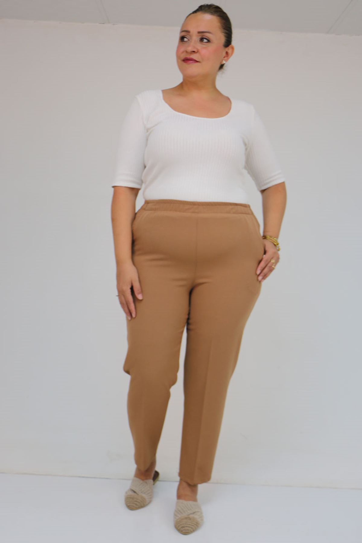 59018 Büyük Beden Boru Paça Double Kumaş Pantolon - Vizon