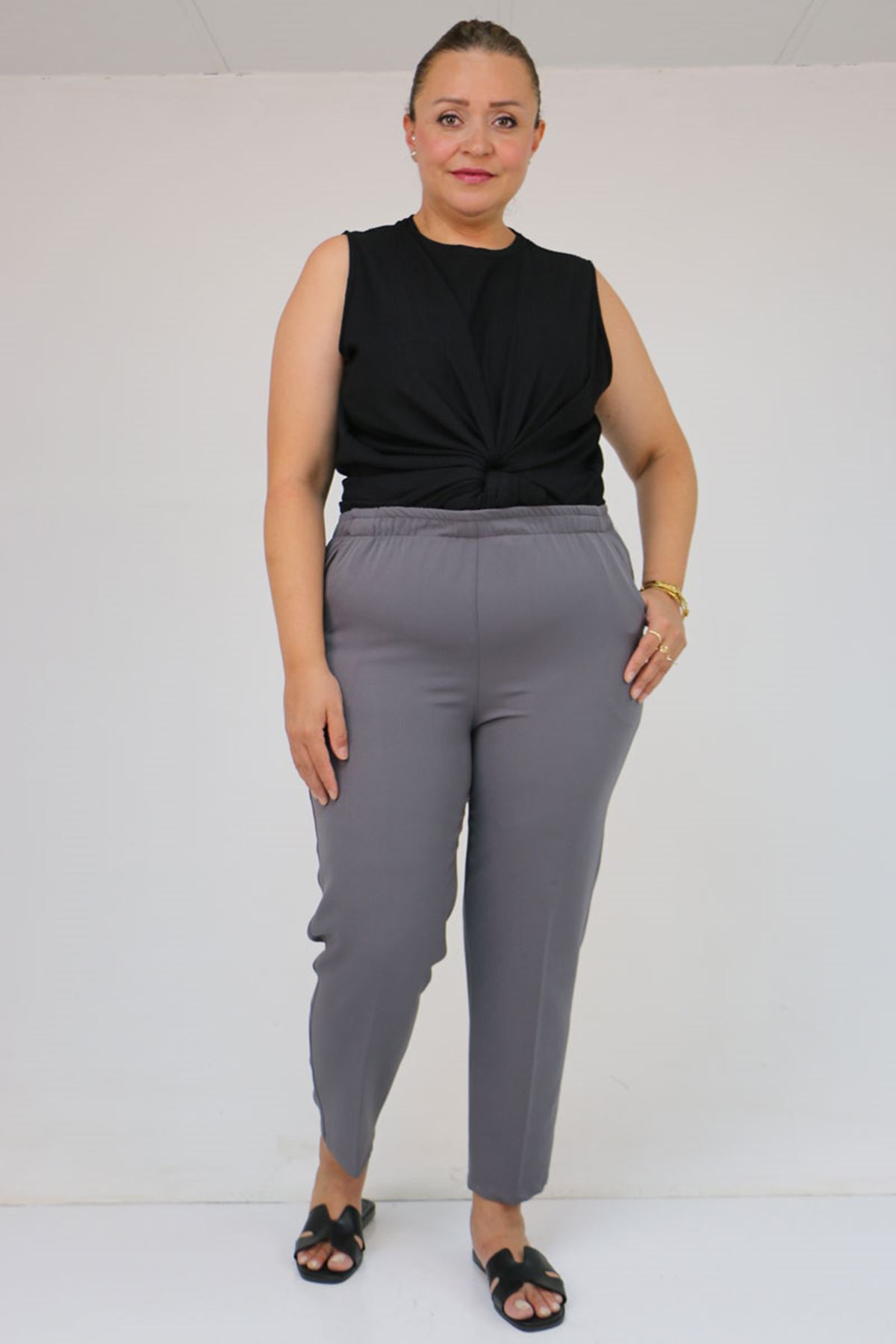 59018 Büyük Beden Boru Paça Double Kumaş Pantolon - Gri