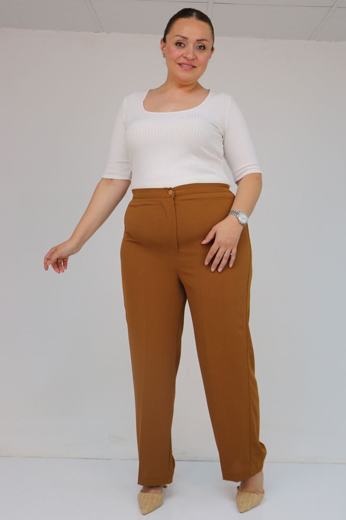 59016 Büyük Beden Beli Düğmeli Krep Pantolon - Hardal