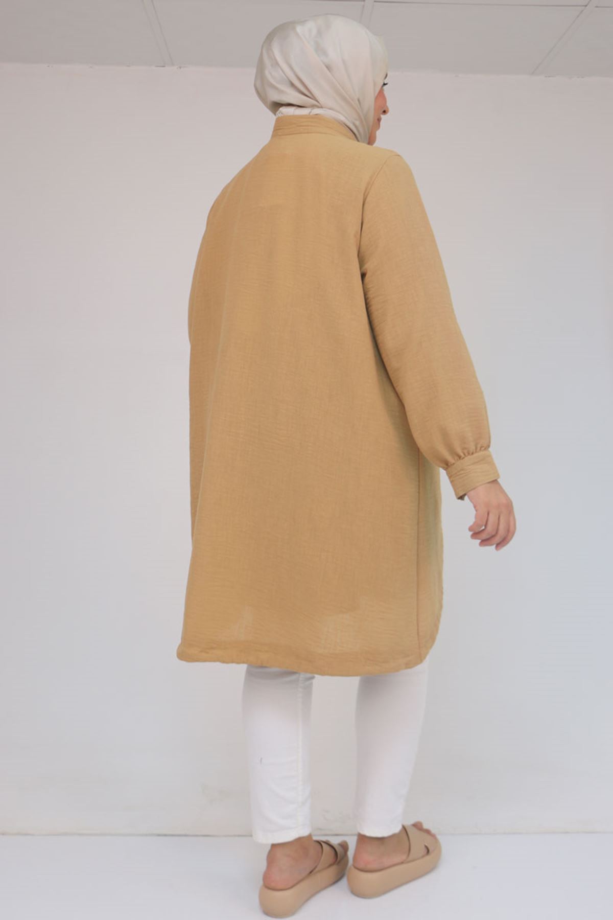 53013 Büyük Beden Dik Yakalı Manşetli Keten Kap - Hardal