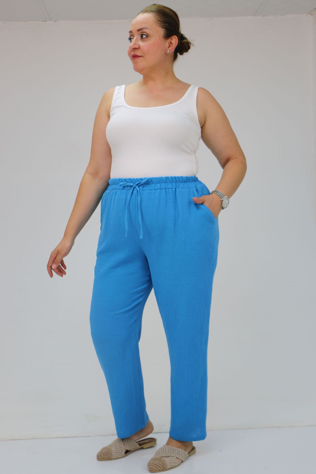 59020 Büyük Beden Beli Lastikli Müslin Dar Paça Pantolon - İndigo