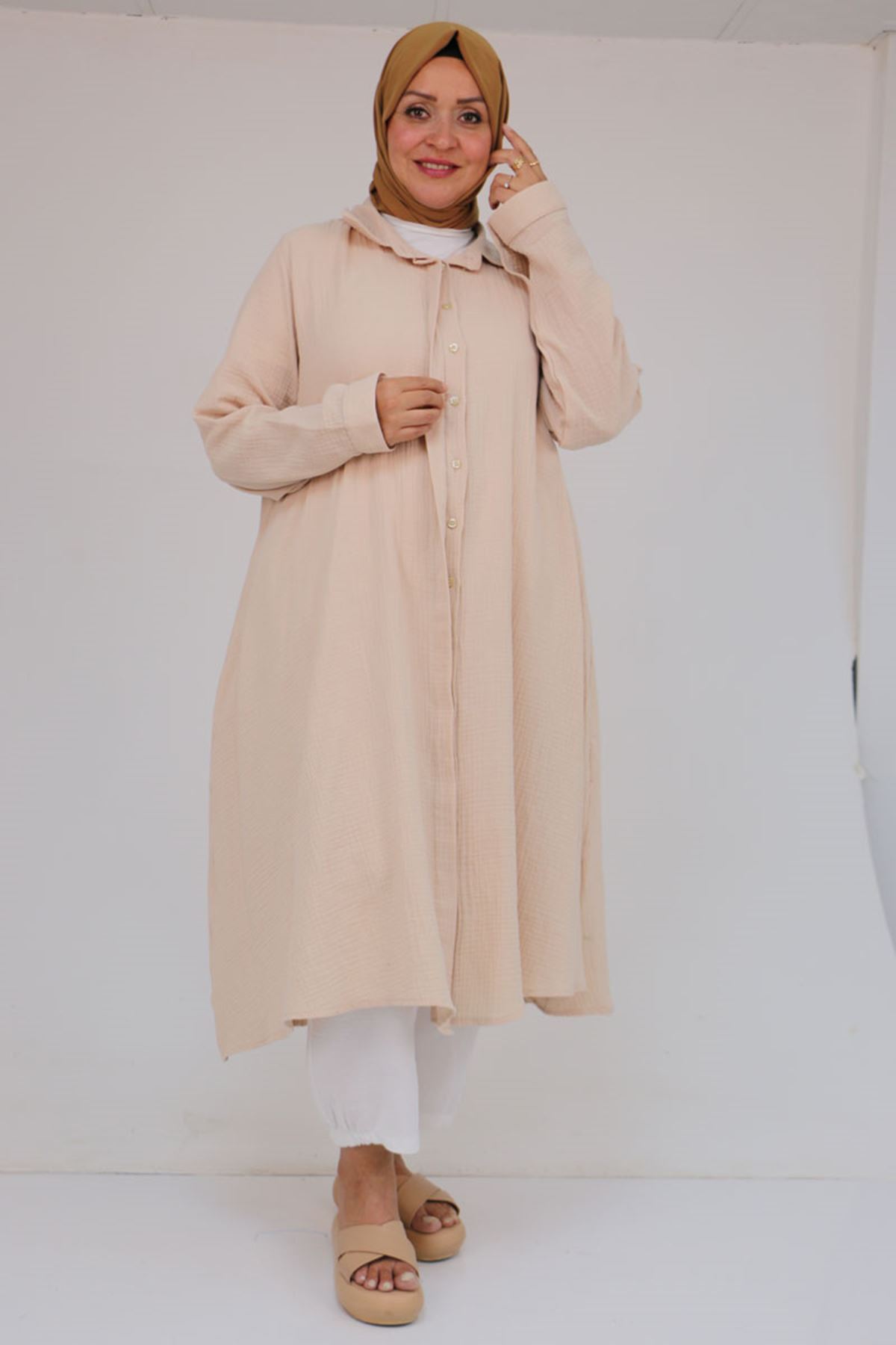 58093 Büyük Beden Mevlana Kesim Müslin Gömlek - Bej