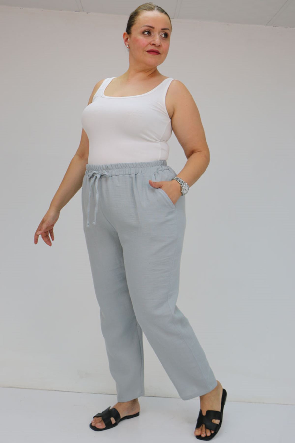 59020 Büyük Beden Beli Lastikli Müslin Dar Paça Pantolon - Gri
